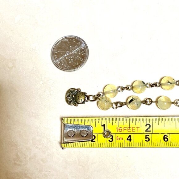 Natural Yellow Green Prehnite Necklace, Bronze Fortune Cat + Genuine Gemstone - Picture 14 of 16